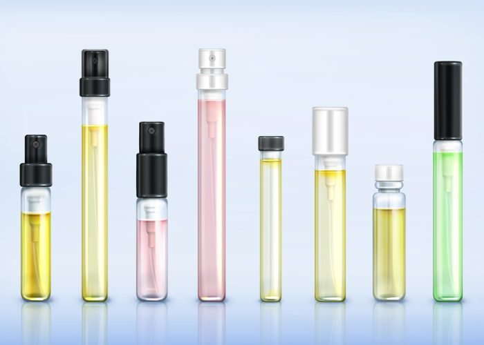 Perfume tester glass bottles. Fragrance sample in transparent tubes with black and white spray caps on blue background. Vector realistic set of 3d perfumery testers in clear vials